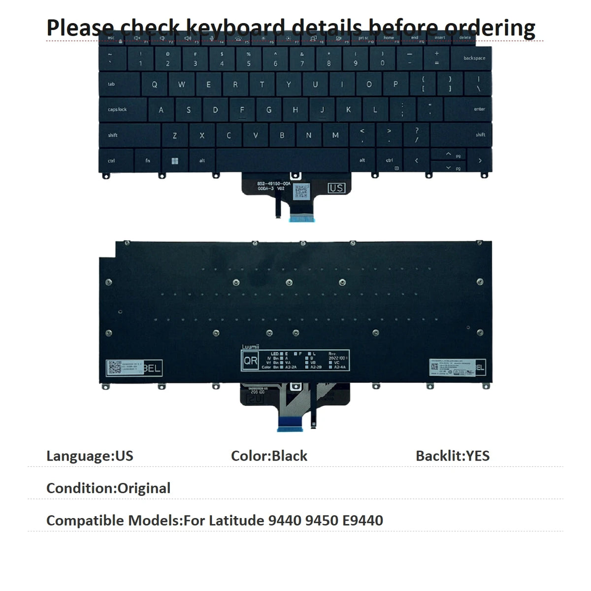 New US UK Language  Backlit Keyboard For Dell Latitude 9440 9450 E9440 Notebook PC Replacement Keyboard 0242RJDell laptop repair parts