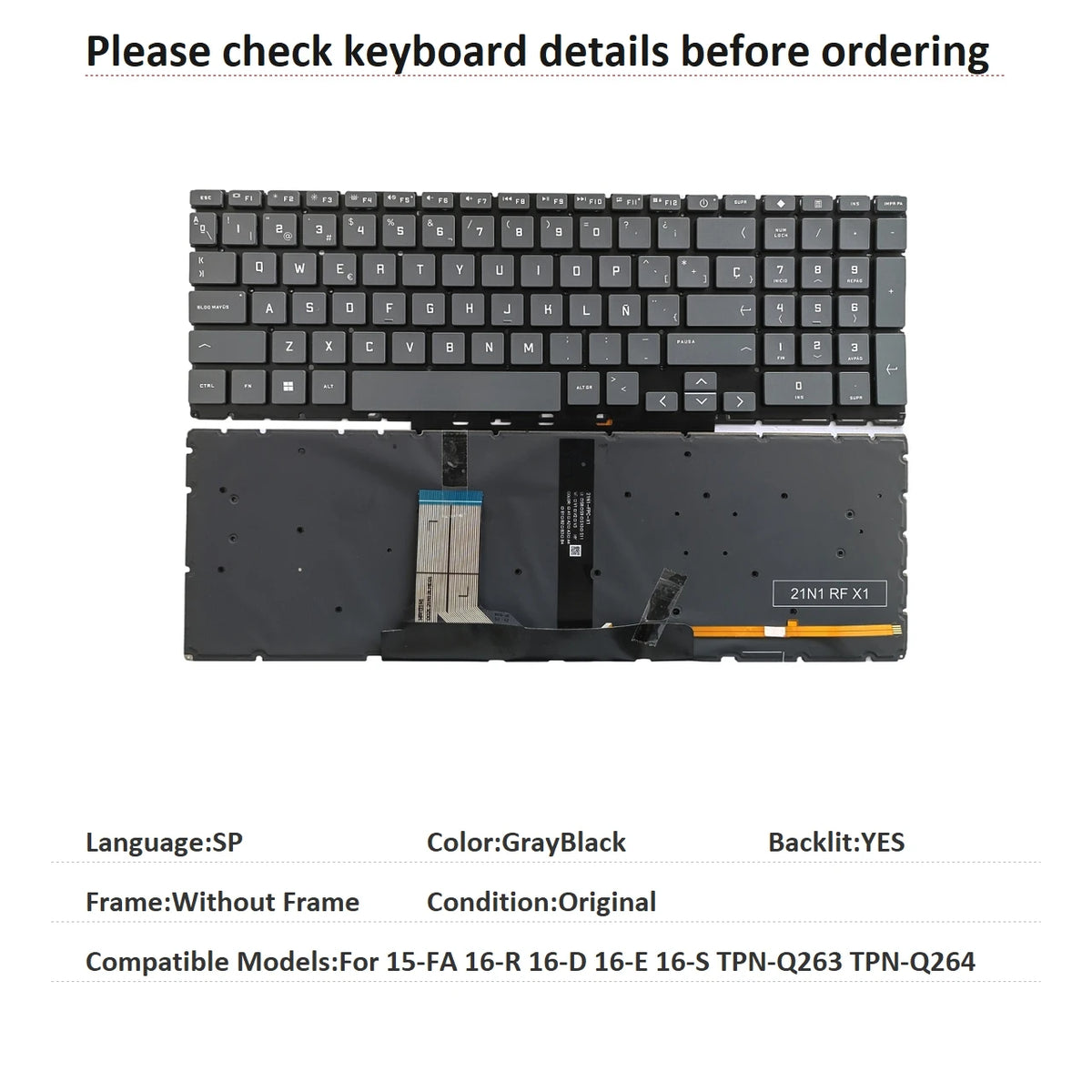 New US Spanish Language  Backlit Keyboard For HP 15-FA 16-R 16-D 16-E 16-S TPN-Q263 TPN-Q264 Notebook PC Replacement Keyboard  HP laptop repair parts