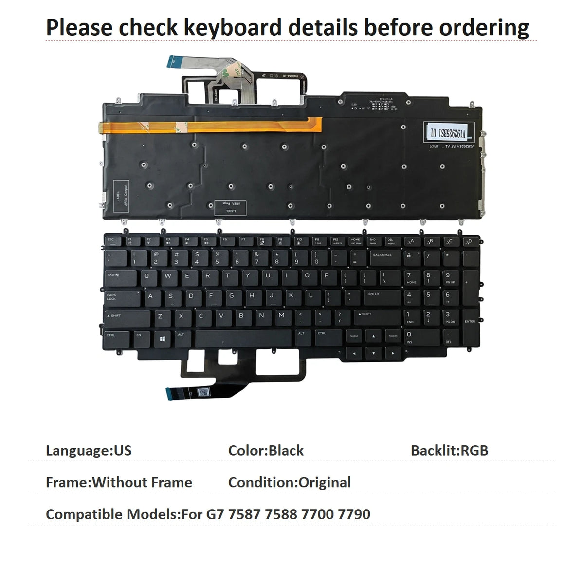 New US Language  RGB Backlit Keyboard For Dell G7 7587 7588 7700 7790 Notebook PC Replacement KeyboardDell laptop repair parts