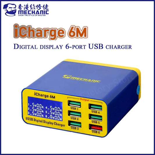 MECHANIC iCharge 6M USB 6-port charger fast charge smart digital display multi-port porous for iphone xiaomi mobile phone tablet Professional Repair Tools