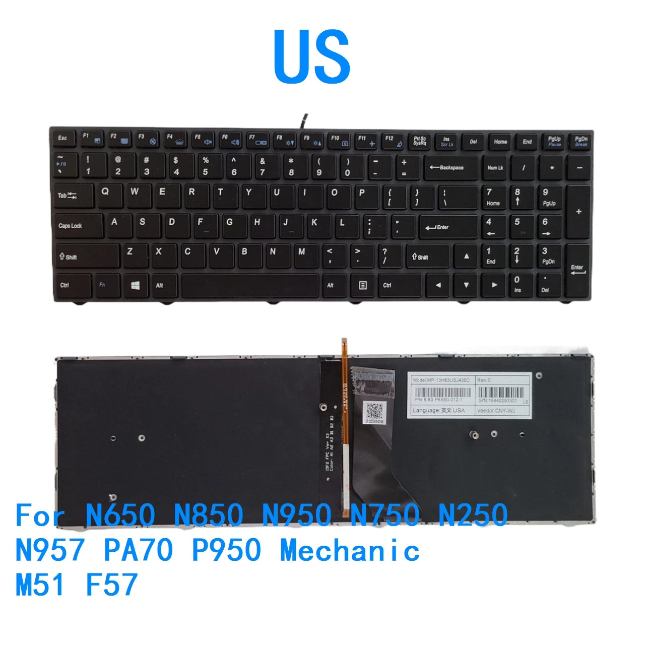 New US Language  Backlit Keyboard For CLEVO N650 N850 N950 N750 N250 N957 PA70 P950 Mechanic M51 F57 Replacement Keyboard