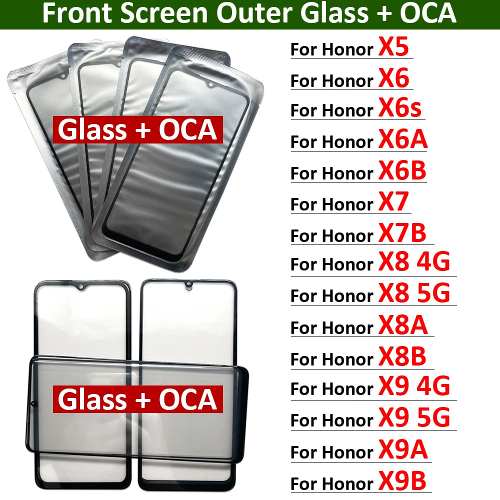 New GLASS + OCA LCD Front Outer Lens For Huawei Honor X5 X6 X6s X6A X6B X7 X7A X7B X8 X8A X8B X9 X9A X9B 4G 5G Touch Screen Huawei phone repair parts