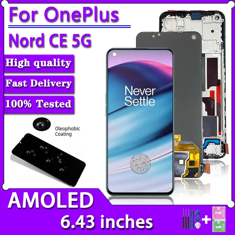 6.43"AMOLED For Oneplus Nord CE 5G EB2101 Screen Frame Touch Panel Digitizer For 1+Nord CE 5G EB2103 Display Frame  OnePlus phone repair parts