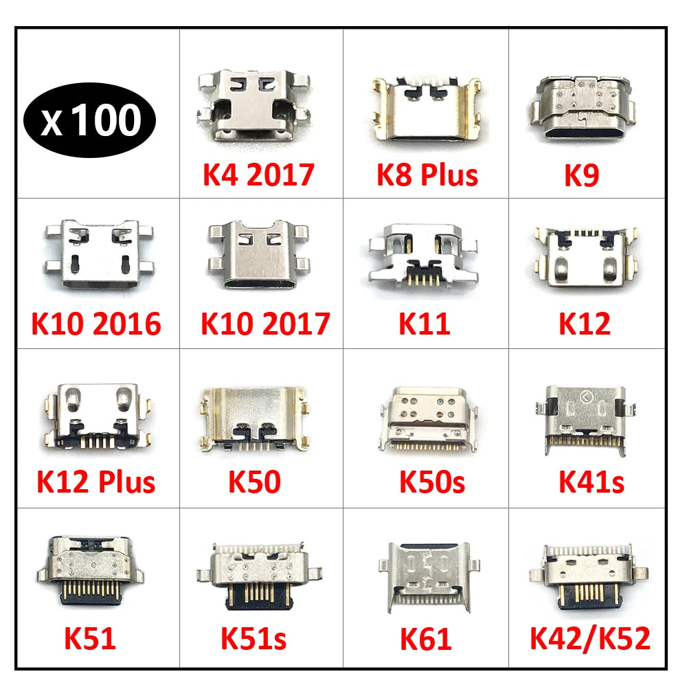 100Pcs USB Charging Port Connector Charge Jack Socket Plug Dock For LG K9 K11 K41s K51 K51s K52 K42 K50 K50s K50 K10 K12 Plus LG phone repair parts