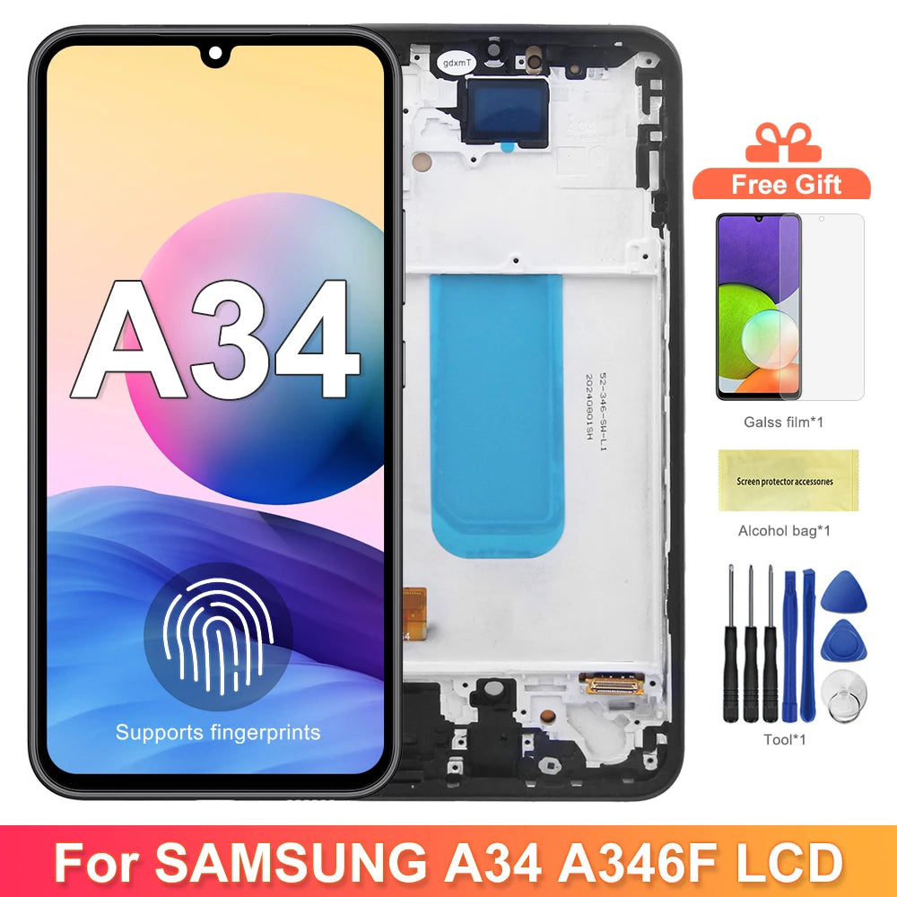 Super AMOLED Screen for Samsung Galaxy A34 A346B A346B/DS Lcd Dispaly Digital Touch Screen with Frame for Samsung A34 Assembly Samsung phone repair parts