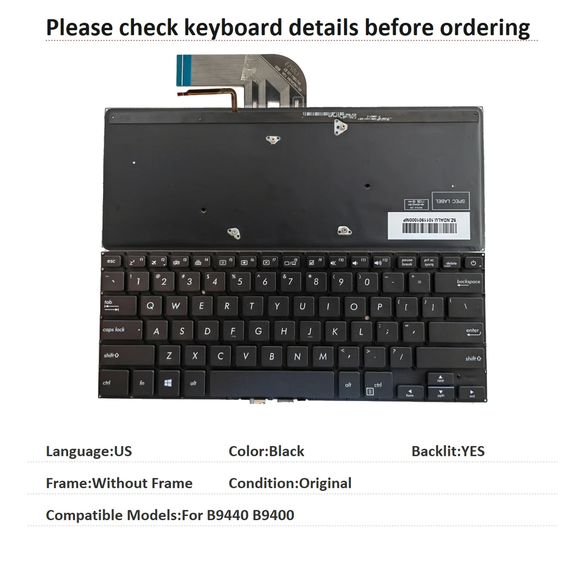 New US Spanish Language  Backlit Keyboard For ASUS B9440 B9400 Notebook PC Replacement Keyboard ASUS laptop repair parts