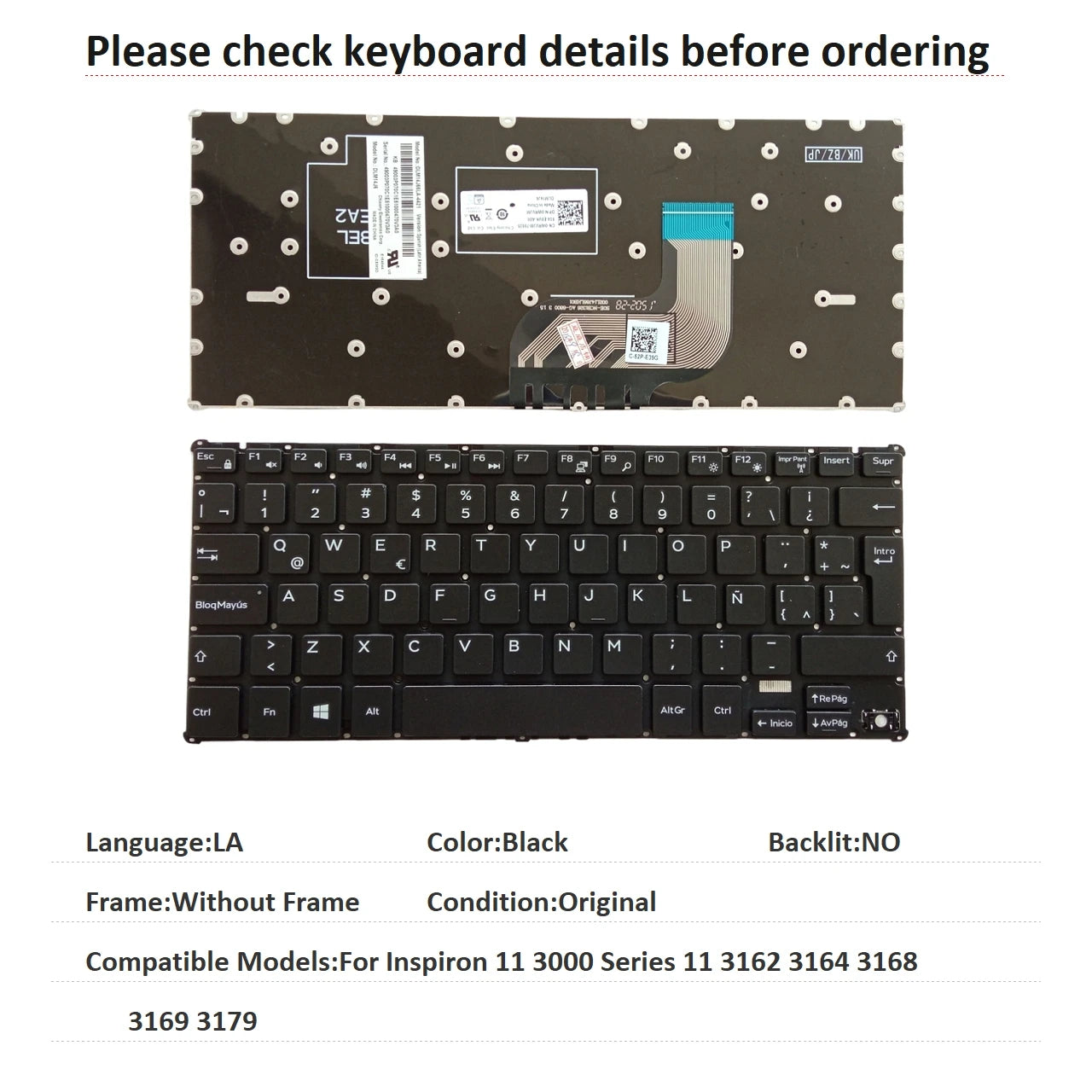 New US Latin UK Language  Keyboard For Dell Inspiron 11 3000 Series 11 3162 3164 3168 3169 3179 Notebook PC Replacement KeyboardDell laptop repair parts