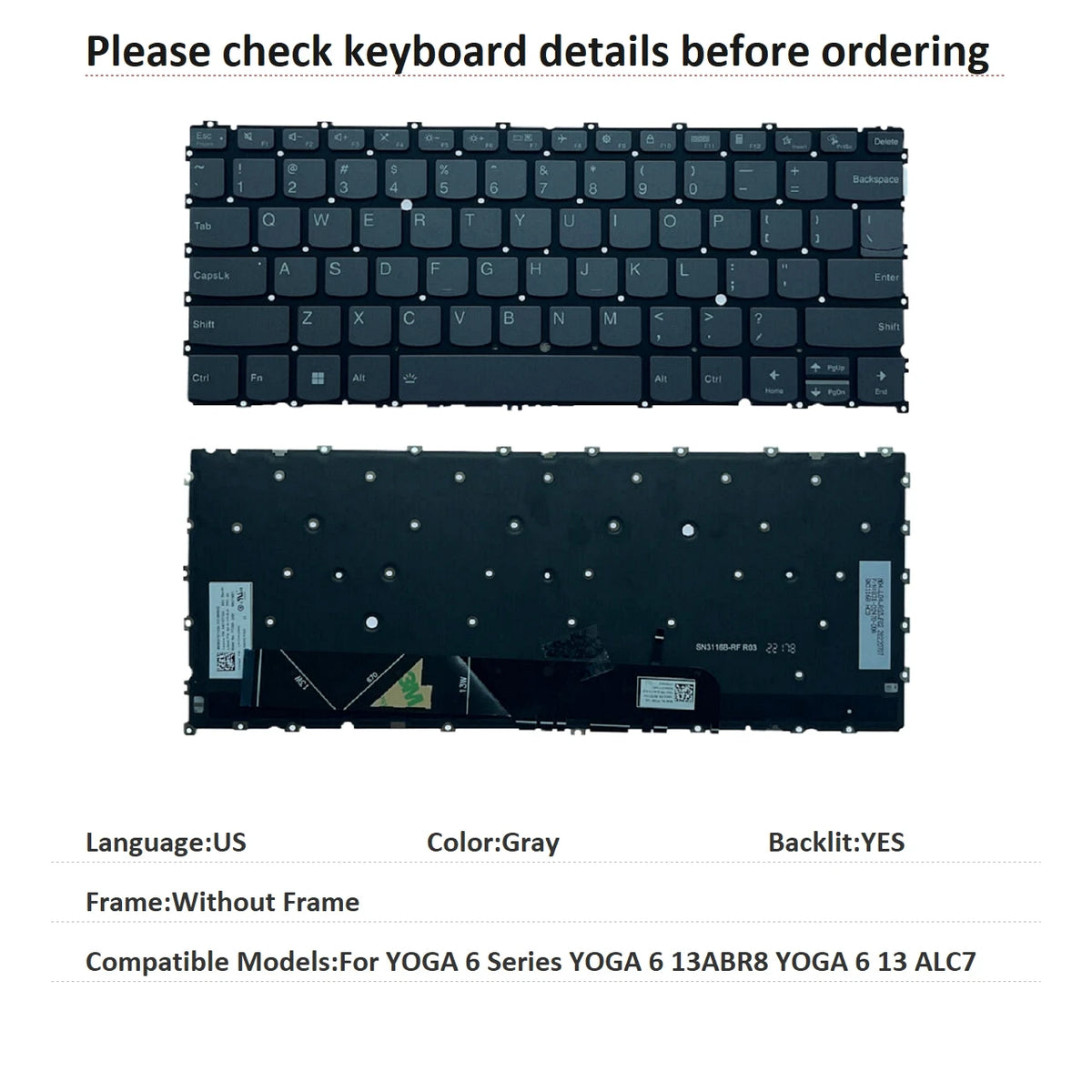 New US Language  Backlit Keyboard For Lenovo YOGA 6 Series YOGA 6 13ABR8 YOGA 6 13 ALC7 PT3S-USE Lenovo laptop repair parts