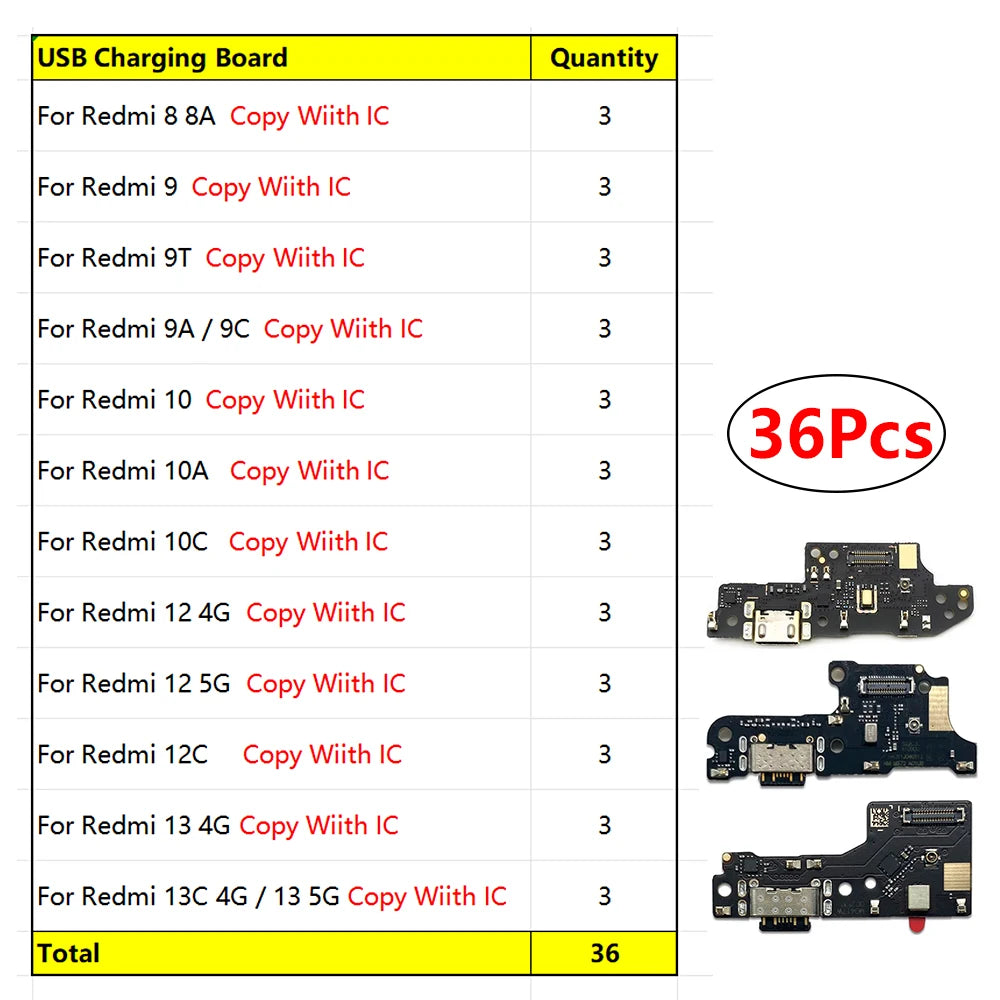 24Pcs, USB Charger Charging Dock Port Connector Flex Cable For Xiaomi Redmi 8 8A 9 9C 9A 9T 10 10A 10C 12 12C 13 13C 4G 5G  Xiaomi  Xiao mi phone repair parts