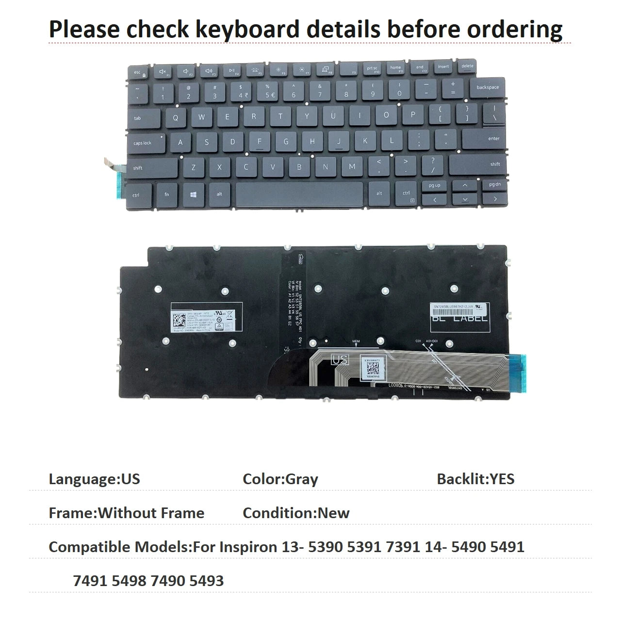New US Russian Spanish Brazil Language  Backlit Keyboard For Dell Inspiron 13- 5390 5391 7391 14- 5490 5491 7491 5498 7490 5493Dell laptop repair parts