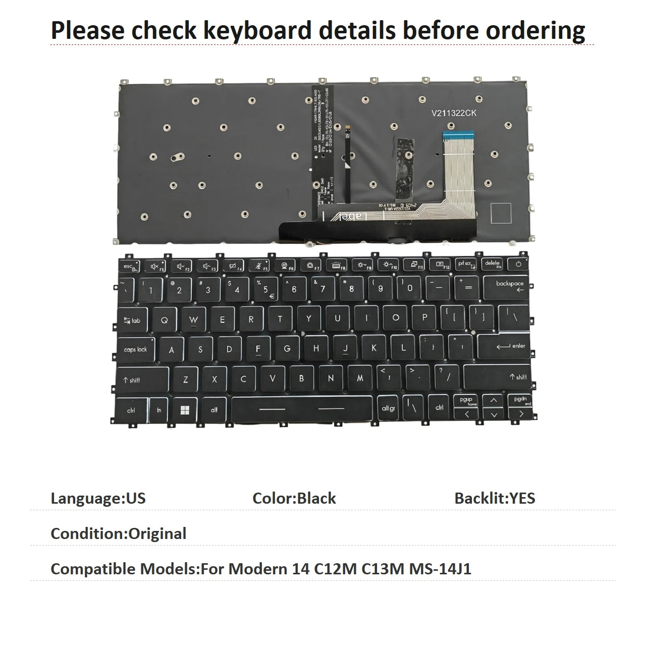 New US Language  Backlit Keyboard For MSI Modern 14 C12M C13M MS-14J1 Notebook PC Replacement Keyboard MSI laptop repair parts
