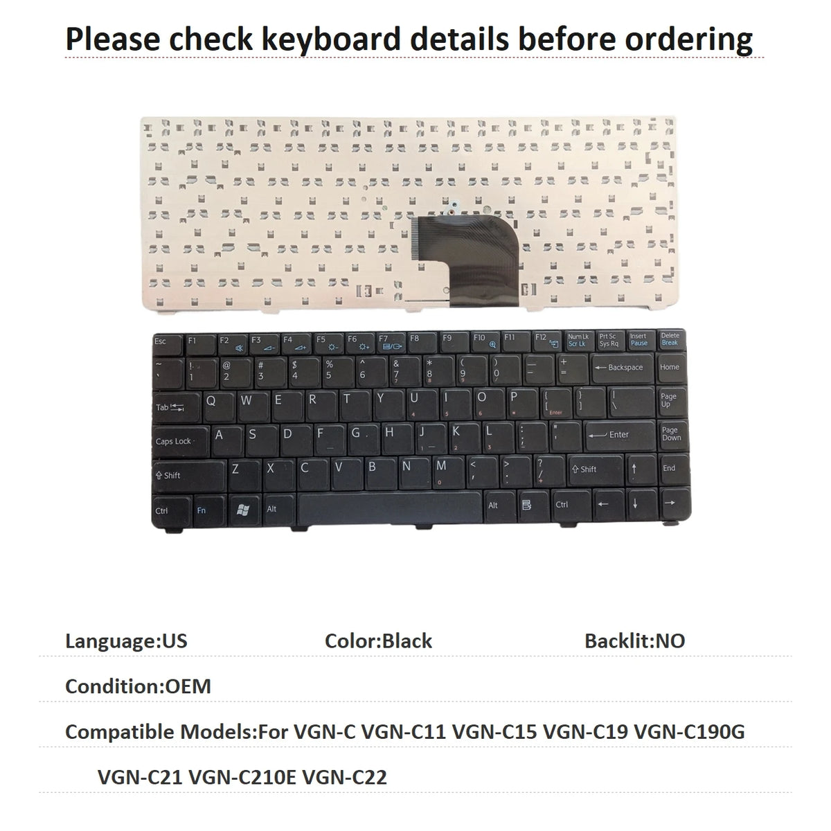New US Language  Keyboard For Sony VGN-C VGN-C11 VGN-C15 VGN-C19 VGN-C190G VGN-C21 VGN-C210E VGN-C22 Replacement Keyboard SONY laptop repair parts