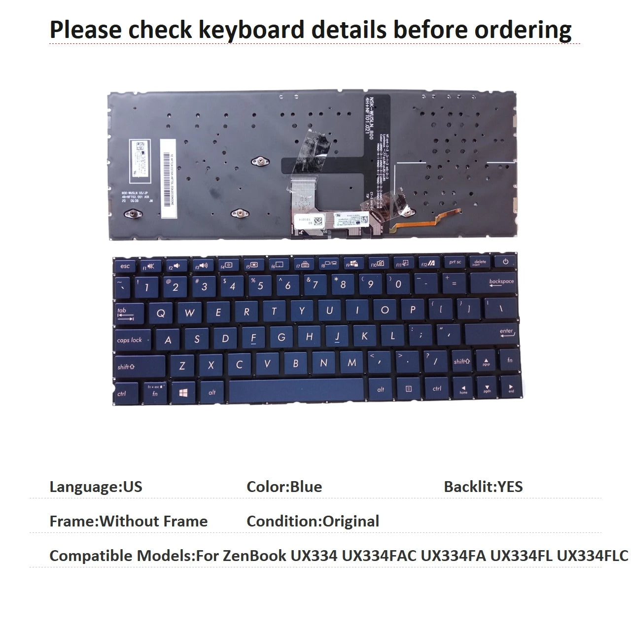 New US Language  Backlit Keyboard For ASUS ZenBook UX334 UX334FAC UX334FA UX334FL UX334FLC Notebook PC Replacement Keyboard ASUS laptop repair parts