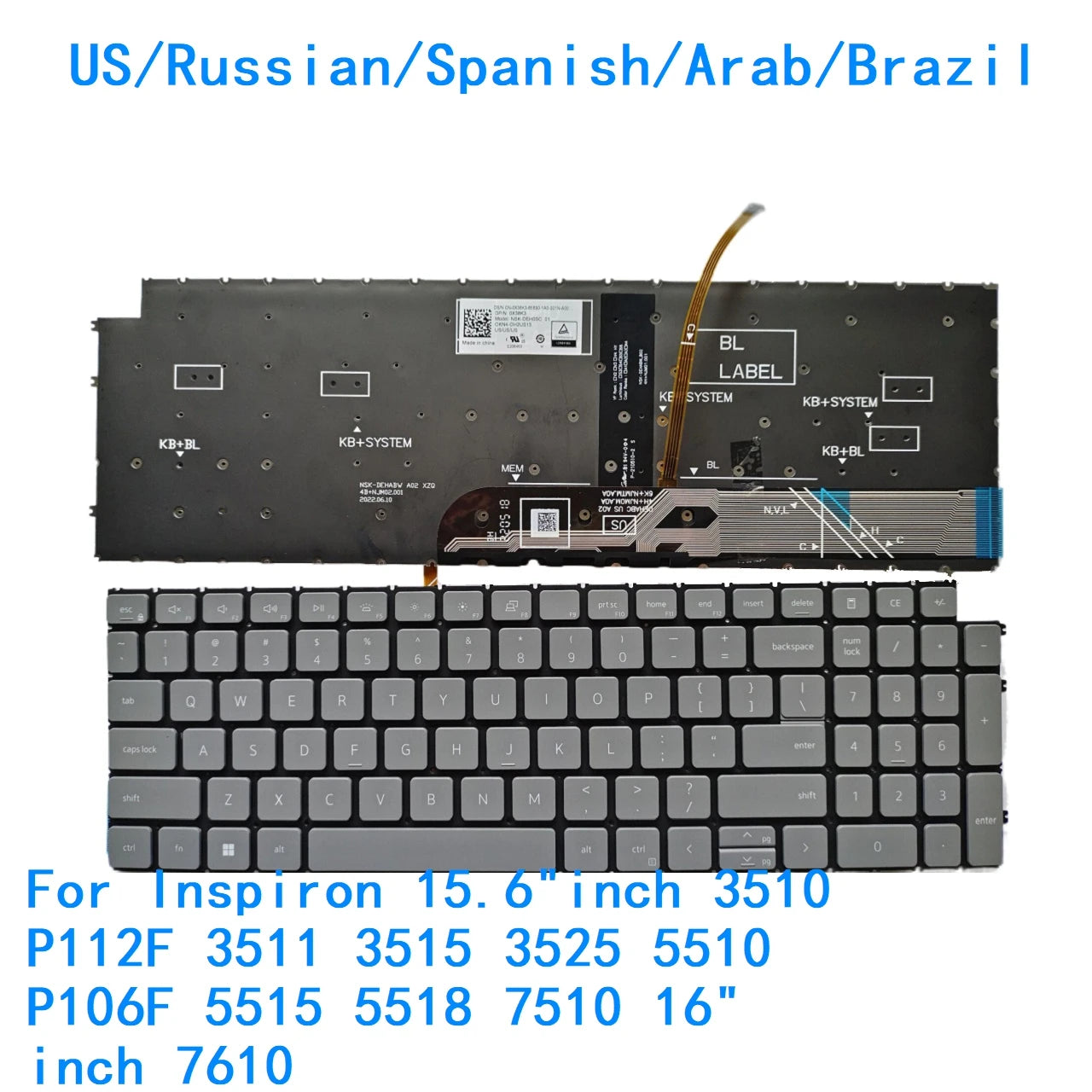 US RU SP AR BR Backlit Keyboard For Dell Inspiron 15.6"inch 3510 P112F 3511 3515 3525 5510 P106F 5515 5518 7510 16" inch 7610Dell laptop repair parts