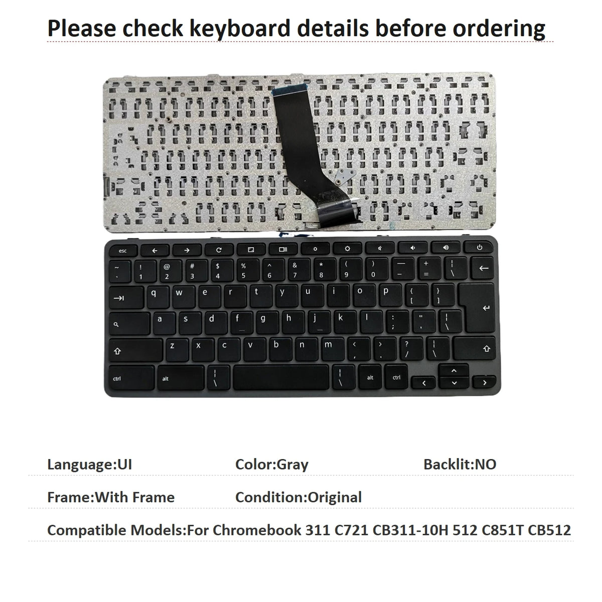 New UI Language  Chromebook Keyboard For Acer Chromebook 311 C721 CB311-10H 512 C851T CB512 Notebook PC Replacement Keyboard Acer laptop repair parts