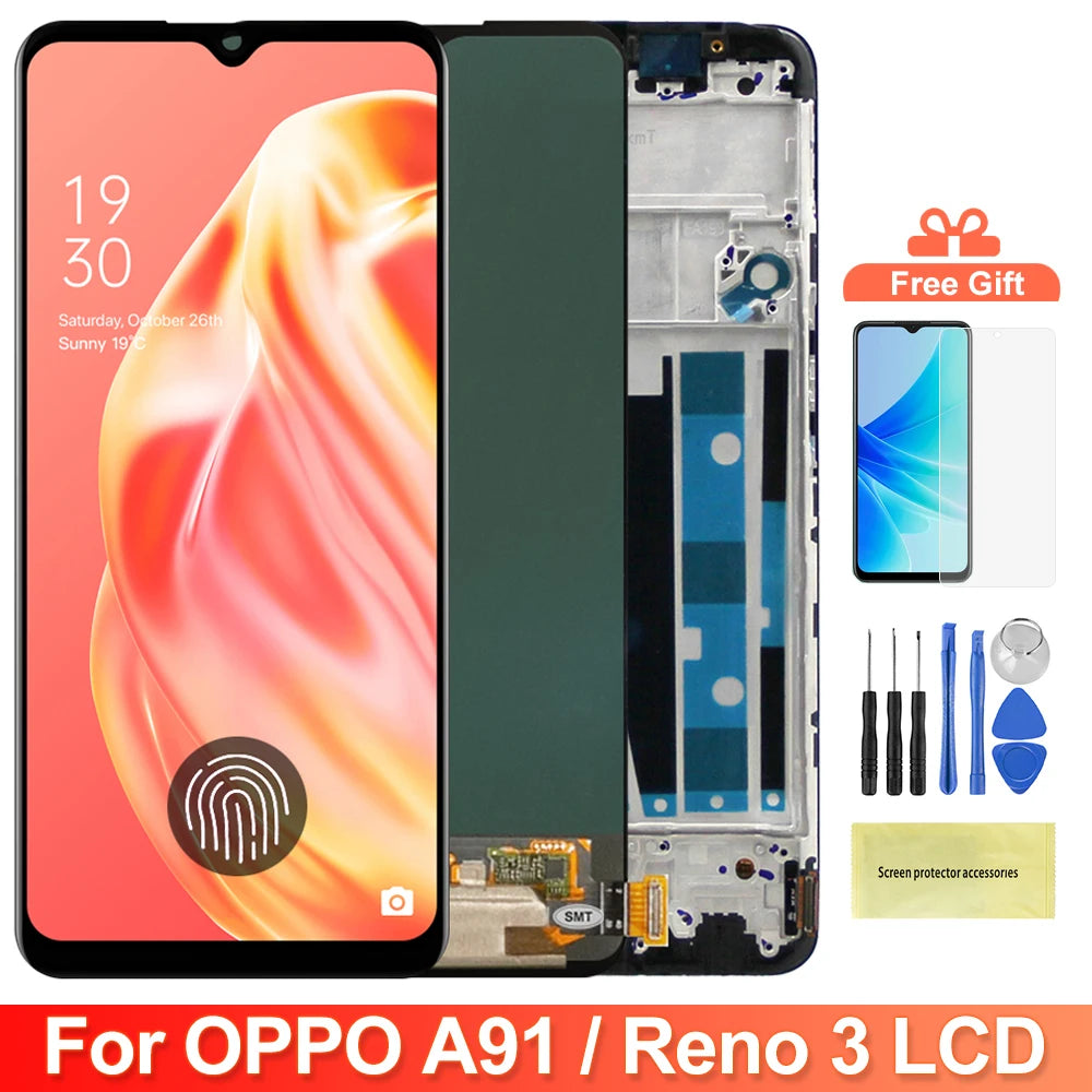 Reno 3 OPPO Reno3 CPH2043 Display Screen with Frame, for Oppo A91 CPH2001 CPH2021 Lcd Display Digital Touch Screen Assembly OPPO phone repair parts