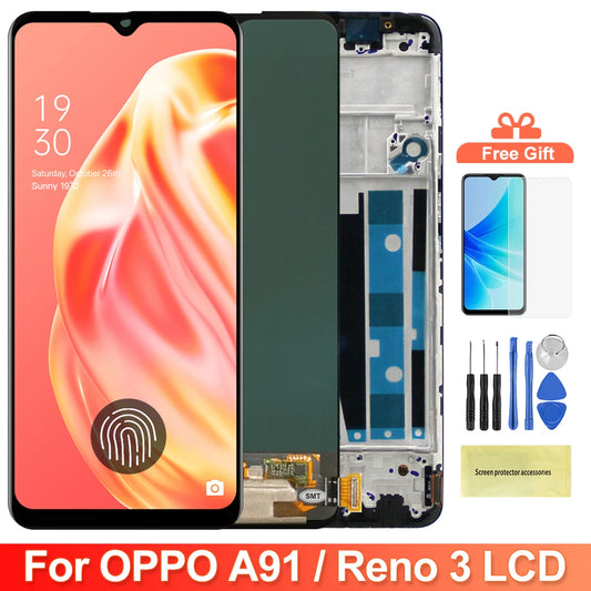 Reno 3 OPPO Reno3 CPH2043 Display Screen with Frame, for Oppo A91 CPH2001 CPH2021 Lcd Display Digital Touch Screen Assembly OPPO phone repair parts