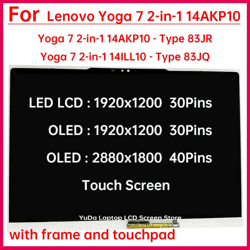 14" Touch Screen For Lenovo Yoga 7 2-in-1 14AKP10 Type 83JR 14ILL10 83JQ LCD Display Digitizer + With Frame Assembly Replacement Lenovo laptop repair parts