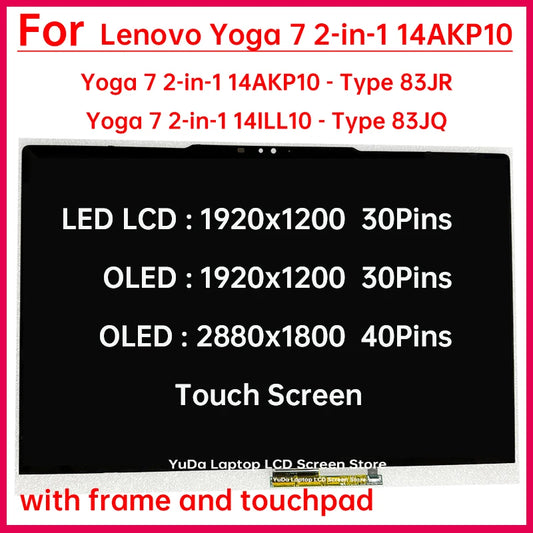 14" Touch Screen For Lenovo Yoga 7 2-in-1 14AKP10 Type 83JR 14ILL10 83JQ LCD Display Digitizer + With Frame Assembly Replacement Lenovo laptop repair parts