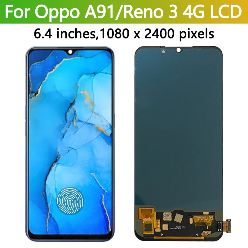 6.4' 100% Test For Oppo Reno 3 Reno3 4G CPH2043 LCD Display Touch Screen Digitizer For Oppo A91 PCPM00 LCD Frame Oppo phone repair parts Realme phone repair parts