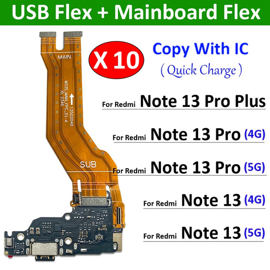 10Pcs/Lot, USB Charger Charging Board Dock Port Connector Main Mainboard Flex Cable For Xiaomi Redmi Note 13 Pro Plus 4G 5G  Xiaomi  Xiao mi phone repair parts