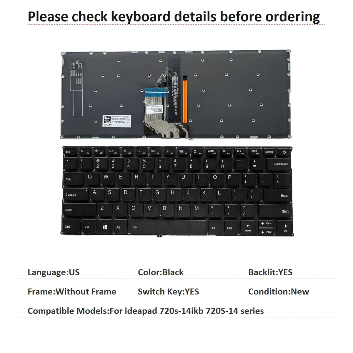 New US Spanish Language  Backlit Keyboard For Lenovo ideapad 720s-14ikb 720S-14 series Replacement Keyboard LCM16K8 SN20M62403 Lenovo laptop repair parts
