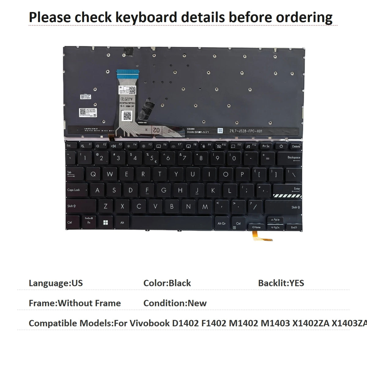 New US Language  Backlit Keyboard For ASUS Vivobook D1402 F1402 M1402 M1403 X1402ZA X1403ZA Notebook PC Replacement Keyboard  ASUS laptop repair parts