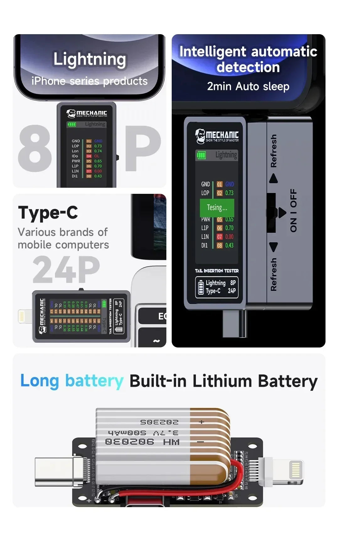 Mechanic T-824 No Disassembly Required Mobile Phone Tail Insertion Detector Digital Display Current Power Check Independent Pin Professional Repair Tools