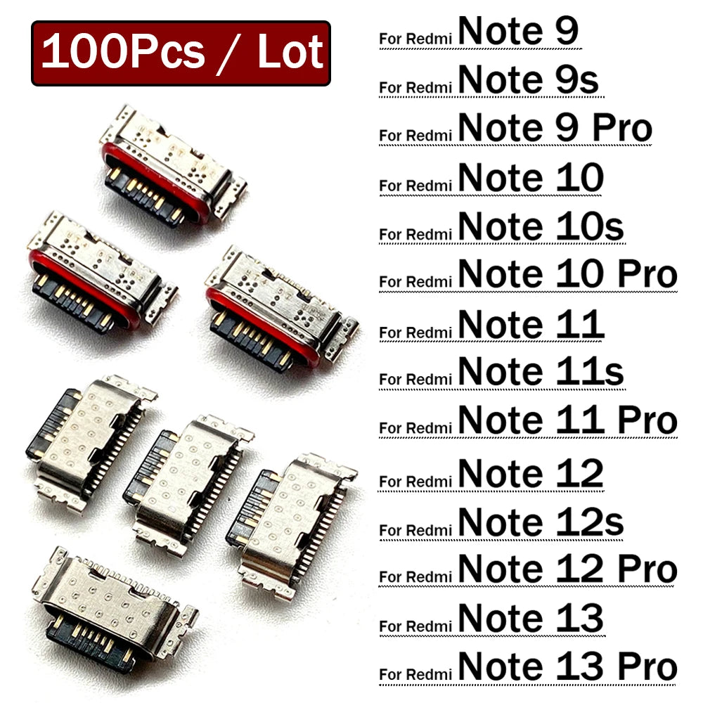 100Pcs, USB Charging Port Connector Charge Jack Socket Dock For Xiaomi Redmi Note 9 9s 10 10s 11 11s 12 12s 13 Pro Plus 4G 5G  Xiaomi  Xiao mi phone repair parts