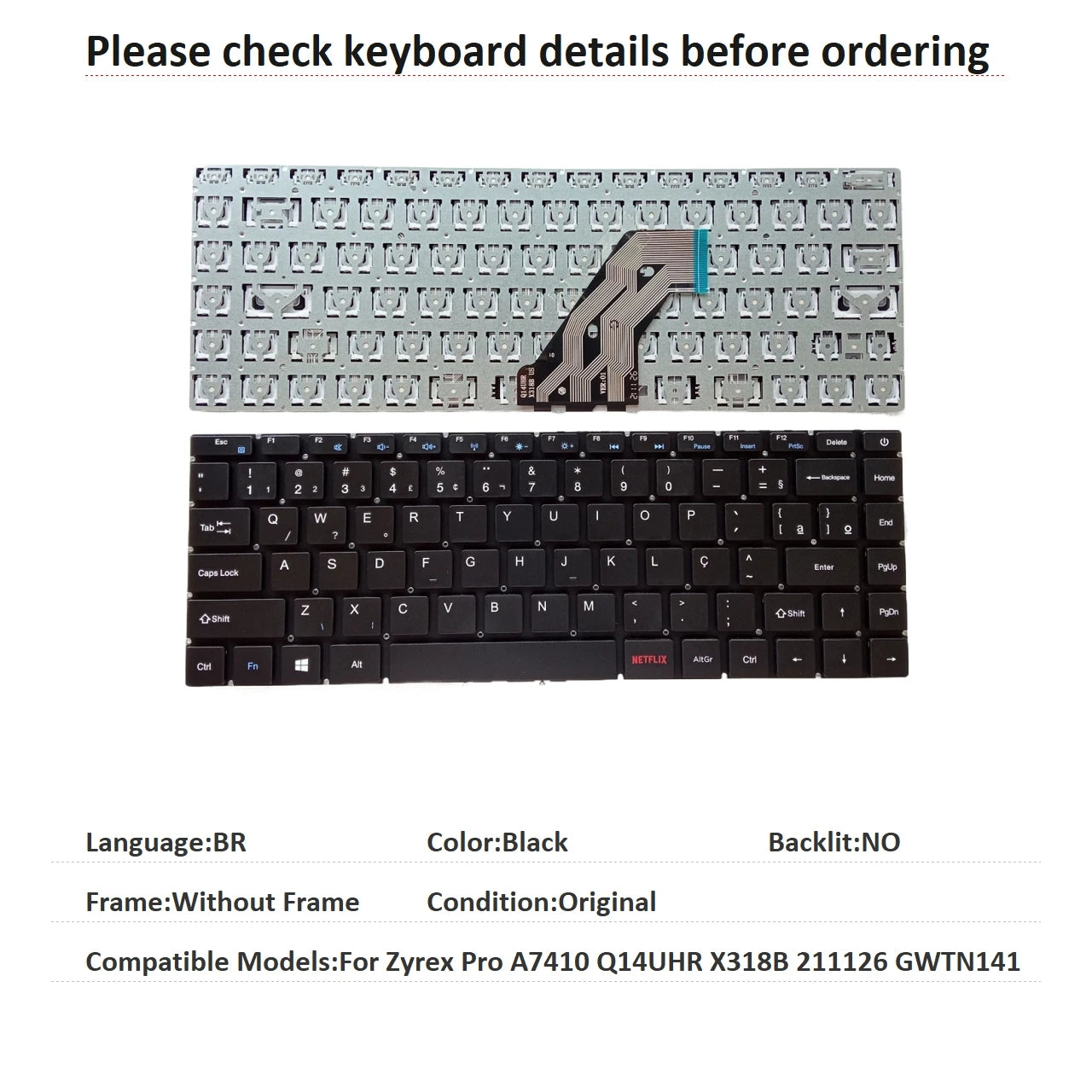 New US Brazil Language  Keyboard For Zyrex Pro A7410 Q14UHR X318B 211126 GWTN141 Notebook PC Replacement Keyboard