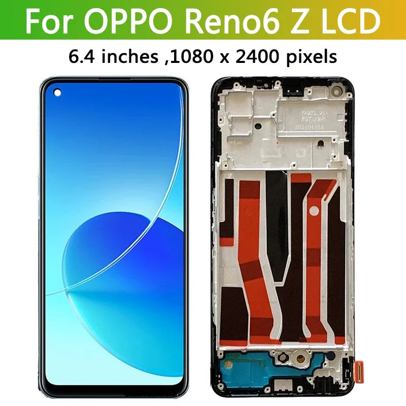 6.4" Super AMOLED For OPPO Reno6 Z LCD Display With Frame Touch Screen Digitizer Assembly For Reno 6Z CPH2237 Display Frame Oppo phone repair parts Realme phone repair parts