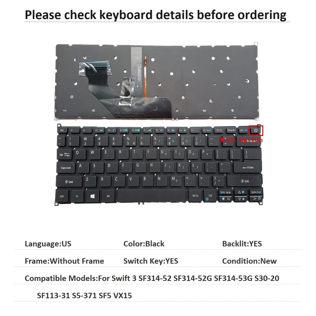 New US Language  Backlit Keyboard For Acer Swift 3 SF314-52 SF314-52G SF314-53G S30-20 SF113-31 S5-371 SF5 VX15  ACER laptop repair parts