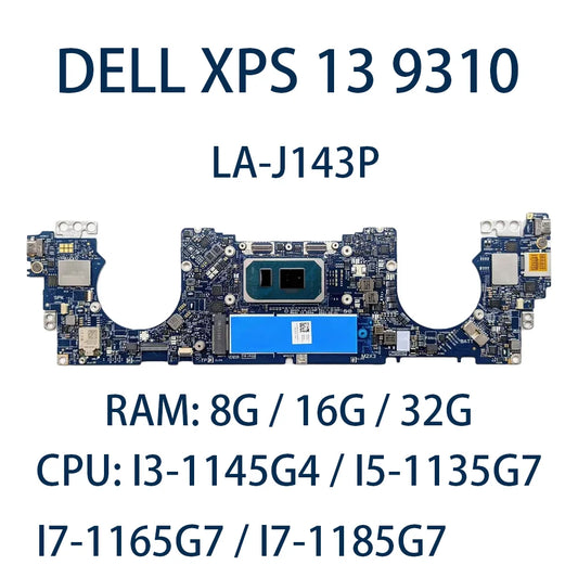 Laptop Motherboard for DELL XPS 13 9310  LA-J143P With CPU I3-1145G4 I5-1135G7 I7-1165G7 I7-1185G7 RAM 8/16/32G FRU:0THX8P 41XJ5 Dell laptop repair parts