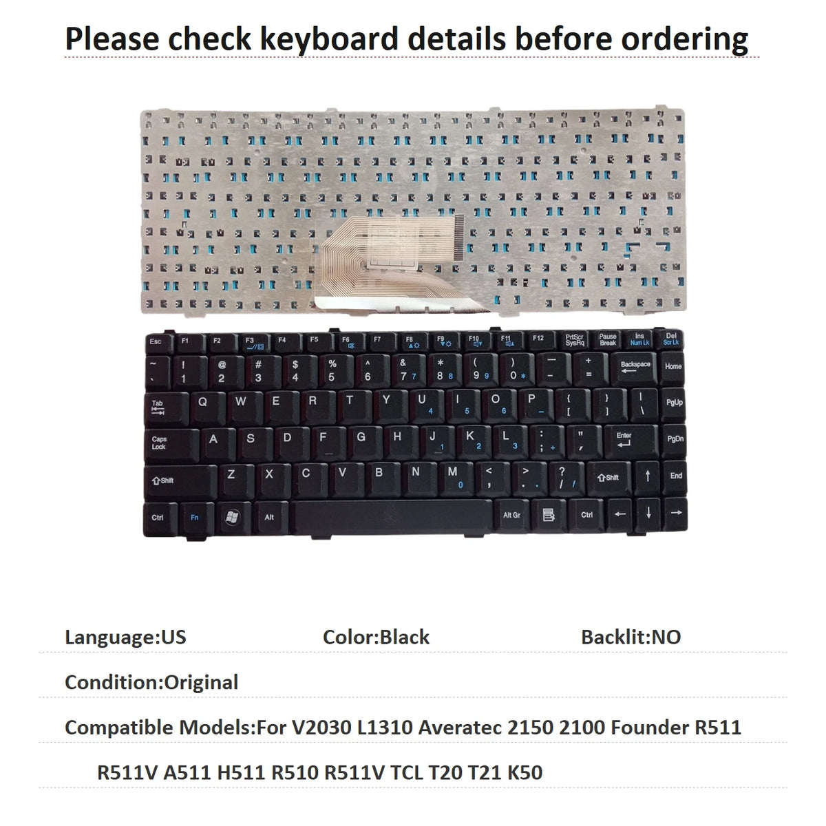 New US Language  Keyboard For Fujitsu V2030 L1310 Averatec 2150 2100 Founder R511 R511V A511 H511 R510 R511V TCL T20 T21 K50