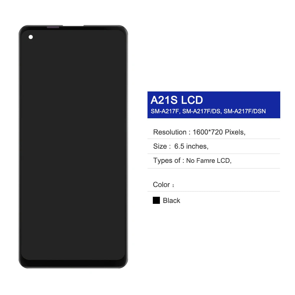 6.5" A21S Display Screen for Samsung Galaxy A21S A217 A217F/DS Lcd Display Touch Screen Digitizer with Frame Replacement Samsung phone repair parts