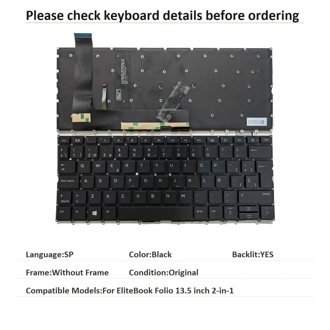 New US Spanish Language  Backlit Keyboard For HP EliteBook Folio 13.5 inch 2-in-1 Notebook PC Replacement Keyboard  HP laptop repair parts