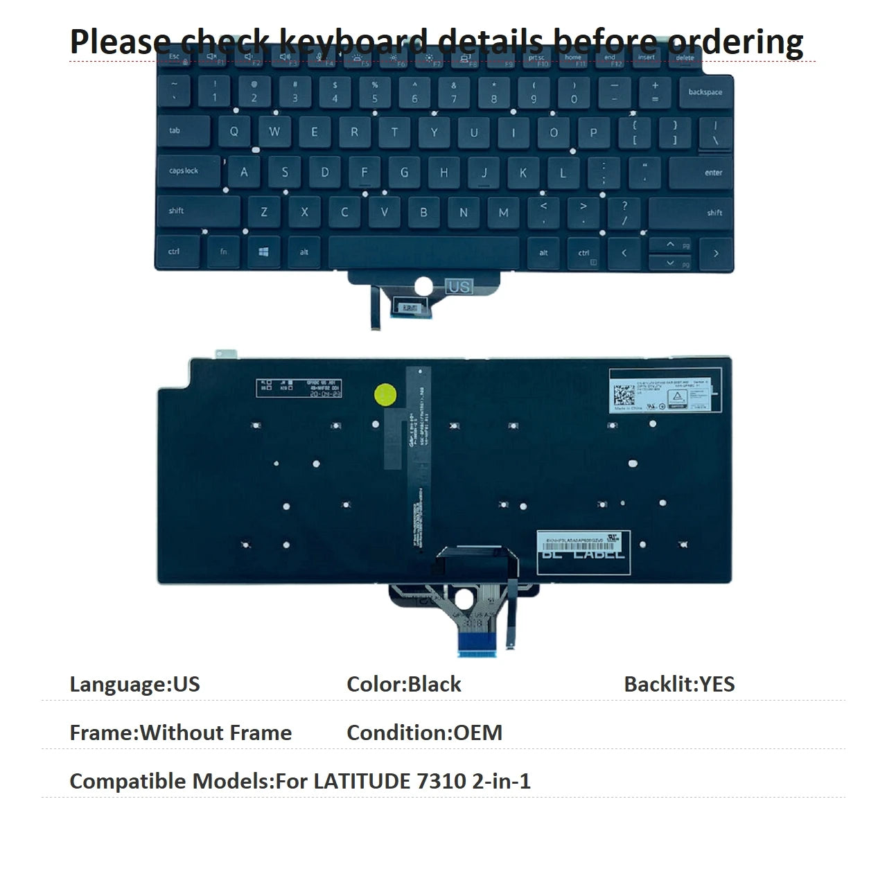 New US Spanish Latin UK Language  Backlit Keyboard For Dell LATITUDE 7310 2-in-1 01VJ7VDell laptop repair parts