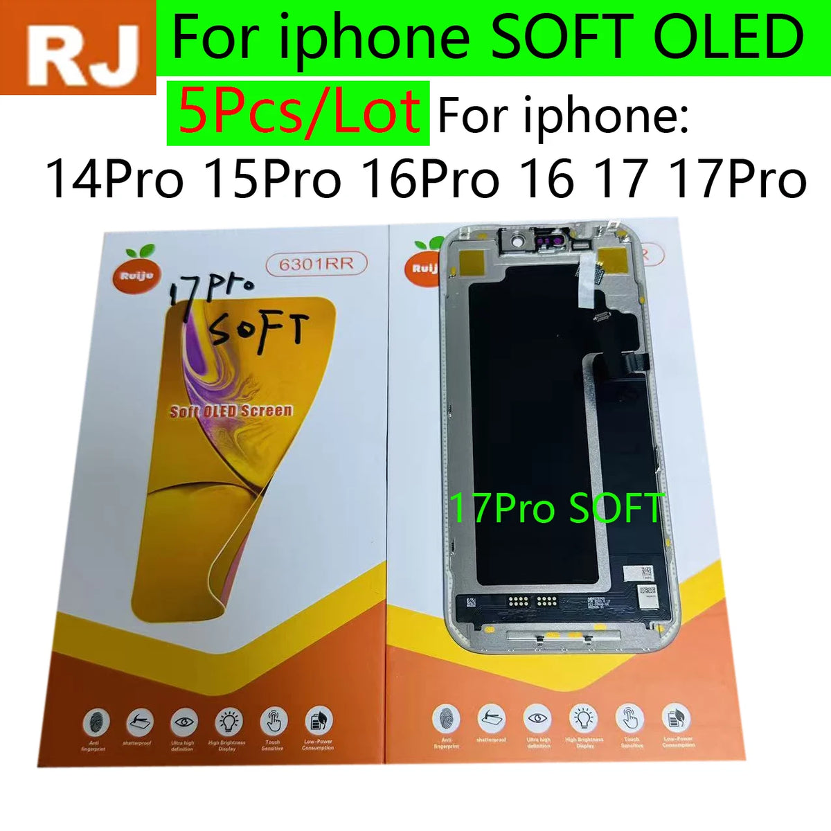 RJ SOFT OLED LCD Display Replacement For iPhone 16 12Pro 13pro 15pro 14pro 16pro 17pro Max 14 16 15 PLUS Touch Screen Digitizer iPhone phone repair parts