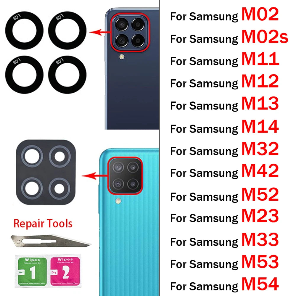Rear Back Camera Glass Lens With Sticker For Samsung M02 M02s M11 M12 M13 M14 M23 M32 M42 M52 M33 M53 M54 4G 5G Samsung phone repair parts