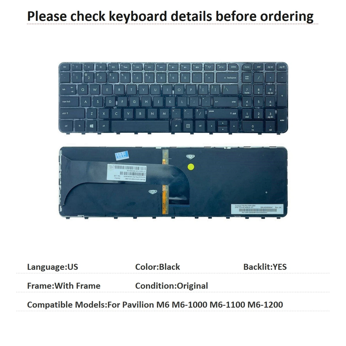 New US Spanish Arab Language  Backlit Keyboard For HP Pavilion M6 M6-1000 M6-1100 M6-1200 NSK-CL3BC  HP laptop repair parts