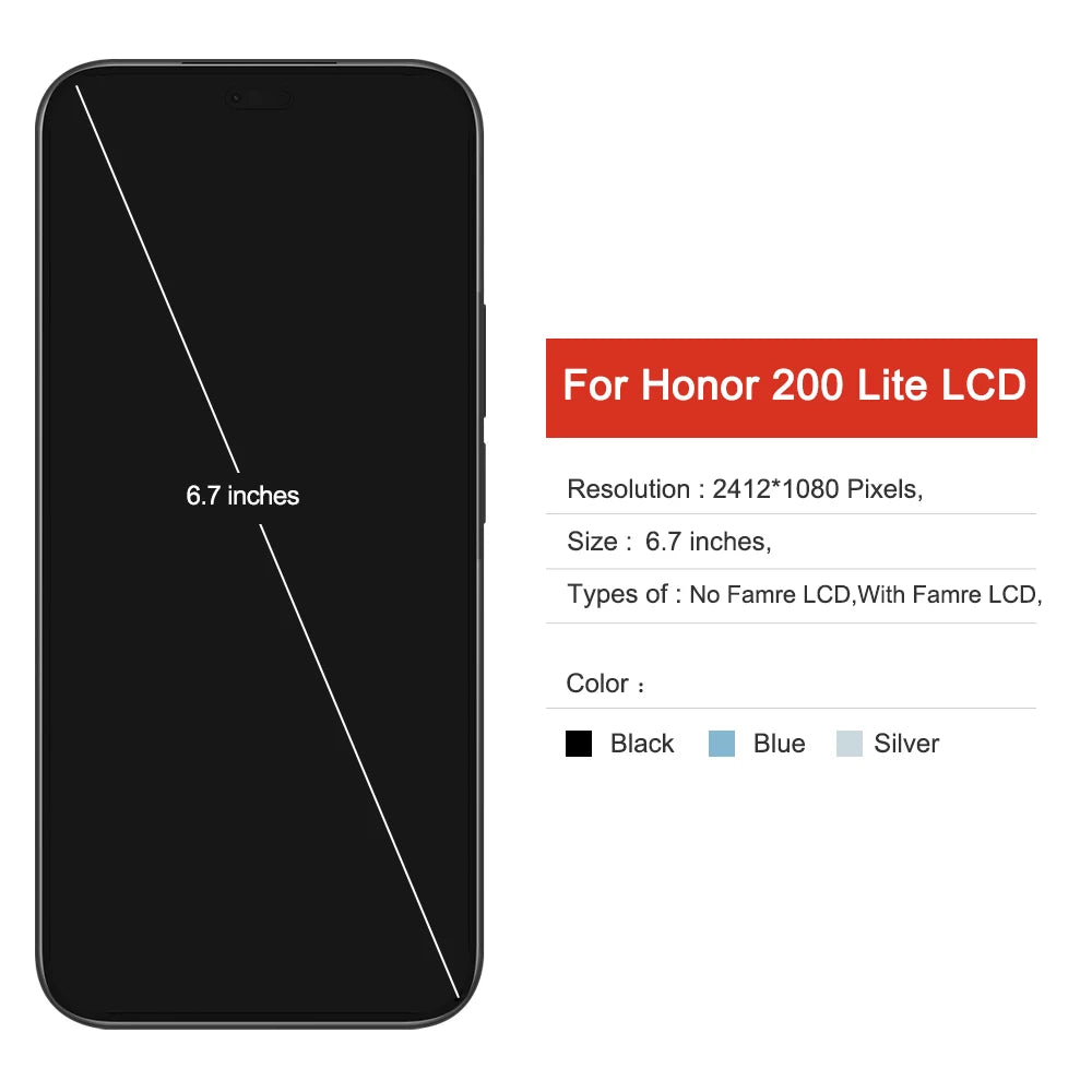 6.7'' LCD For Honor 200 Lite Display Touch Screen Digitizer Assembly Parts with frame For Honor 200 Lite Screen Replacement Honor phone repair parts