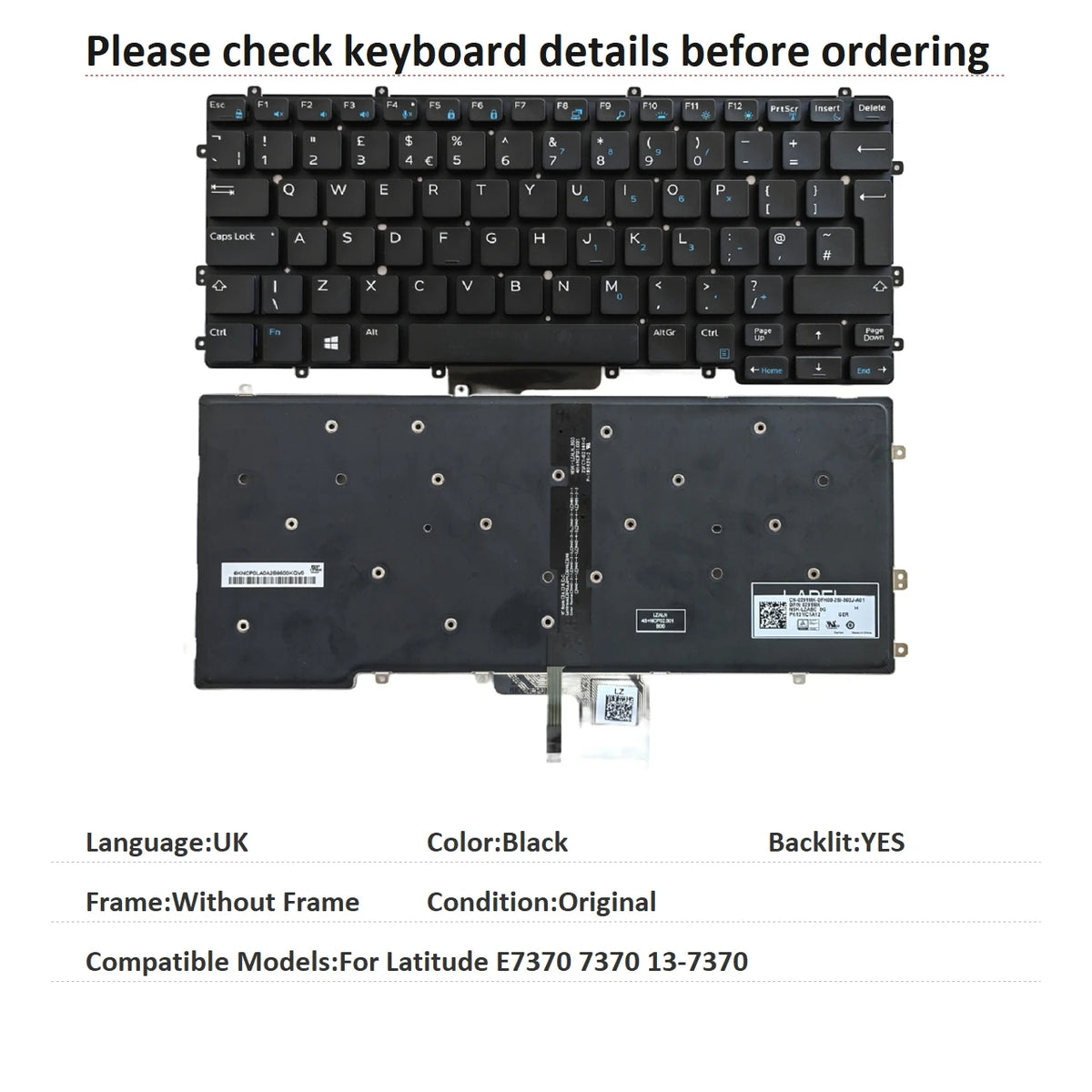 New UK Language  Backlit Keyboard For Dell Latitude E7370 7370 13-7370 Notebook PC Replacement KeyboardDell laptop repair parts