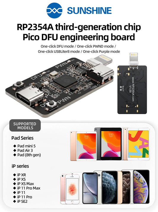 SUNSHINE RP2354A Pico DFU Engineering Board 3rd Gen Chip Dual USB-C & Lightning Ports for iPhone iOS Motherboard Repair Professional Repair Tools