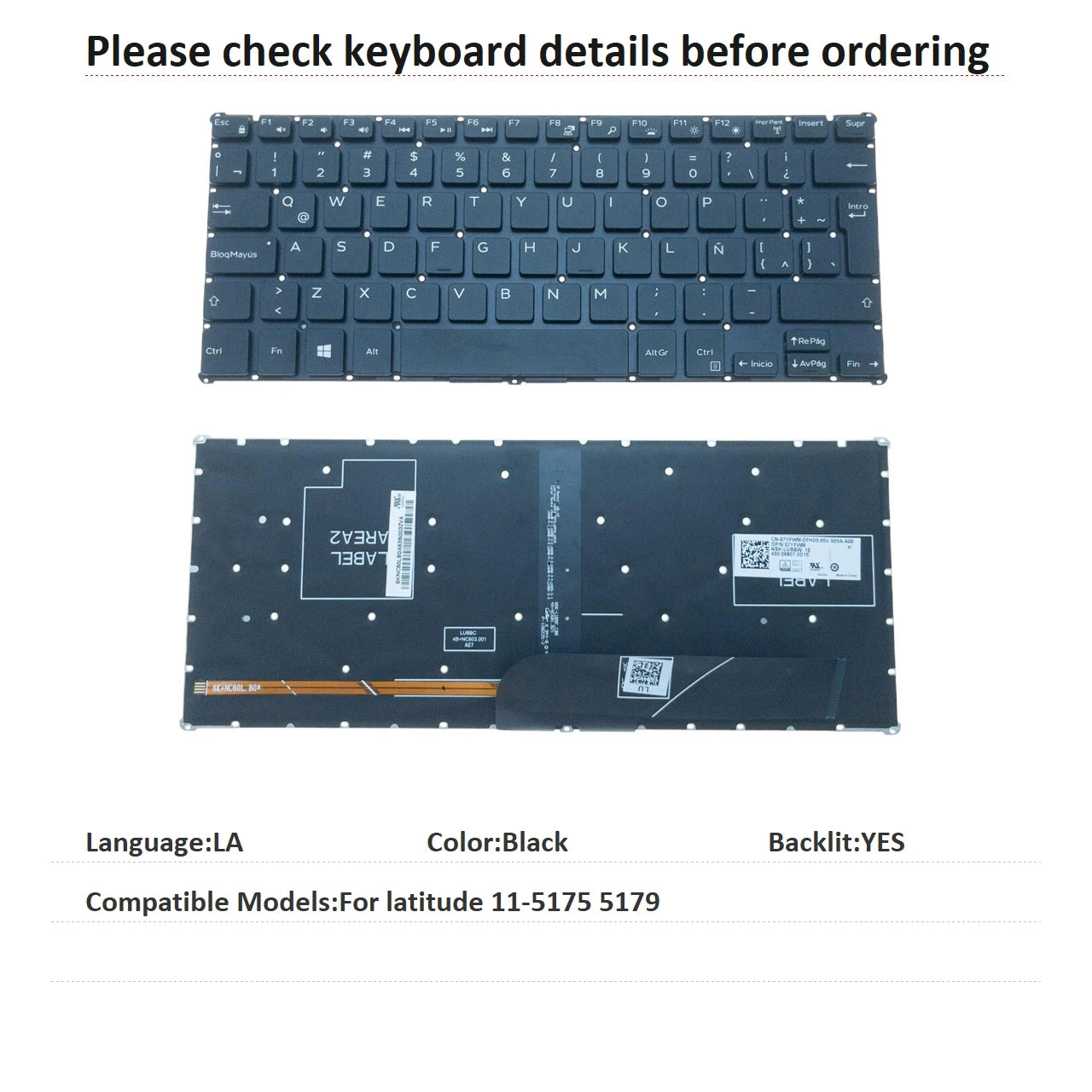 New US Latin Language  Backlit Keyboard For Dell latitude 11-5175 5179 Notebook PC Replacement Keyboard 07YFWM NSK-LUBBW 1EDell laptop repair parts
