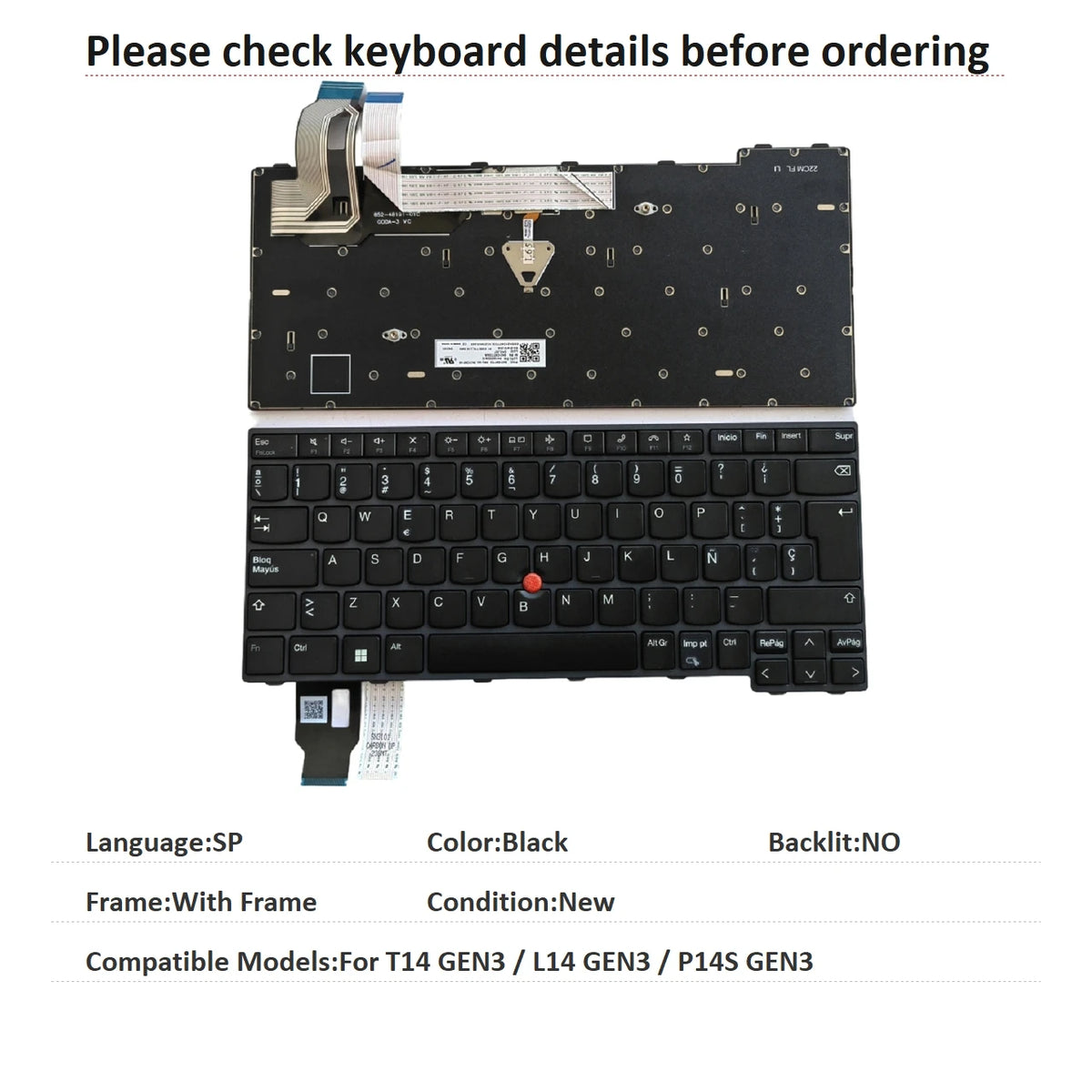 New US UI Spanish Language  Backlit Keyboard For Lenovo Thinkpad T14 GEN3 / L14 GEN3 / P14S GEN3 Replacement Keyboard Lenovo laptop repair parts