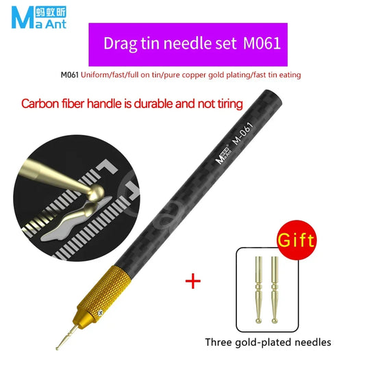 MaAnt M061 Gold Plated Tin Dragging Needle FPC Connector Reballing Solder Bar 3 Bars with Ultralight Carbon Fiber Handle Set Professional Repair Tools