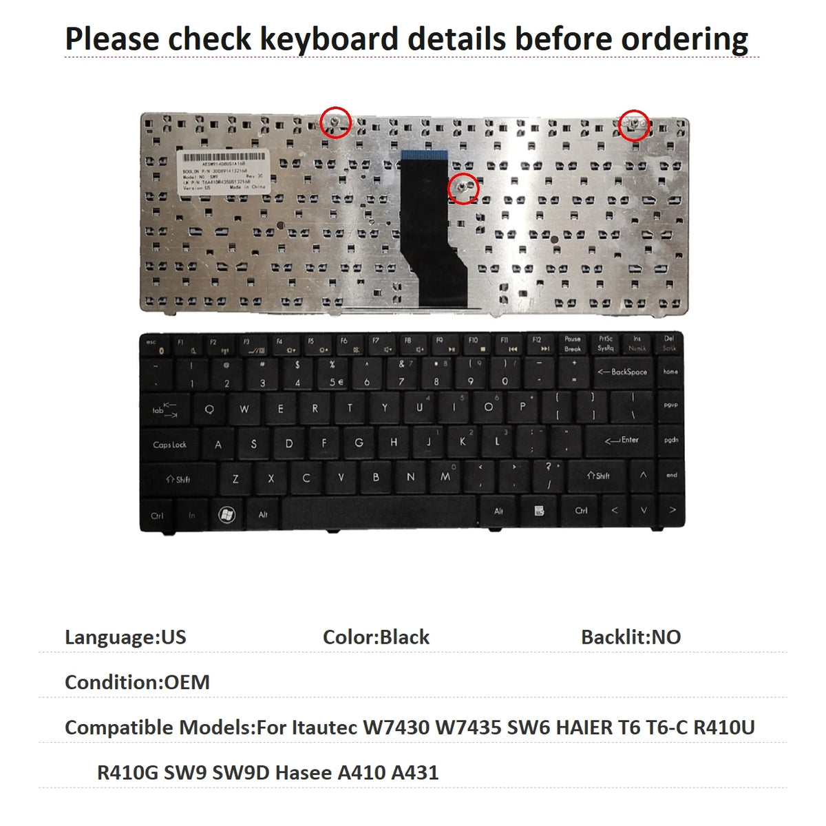 New US Spanish Language  Keyboard For HASEE Itautec W7430 W7435 SW6 HAIER T6 T6-C R410U R410G SW9 SW9D Hasee A410 A431