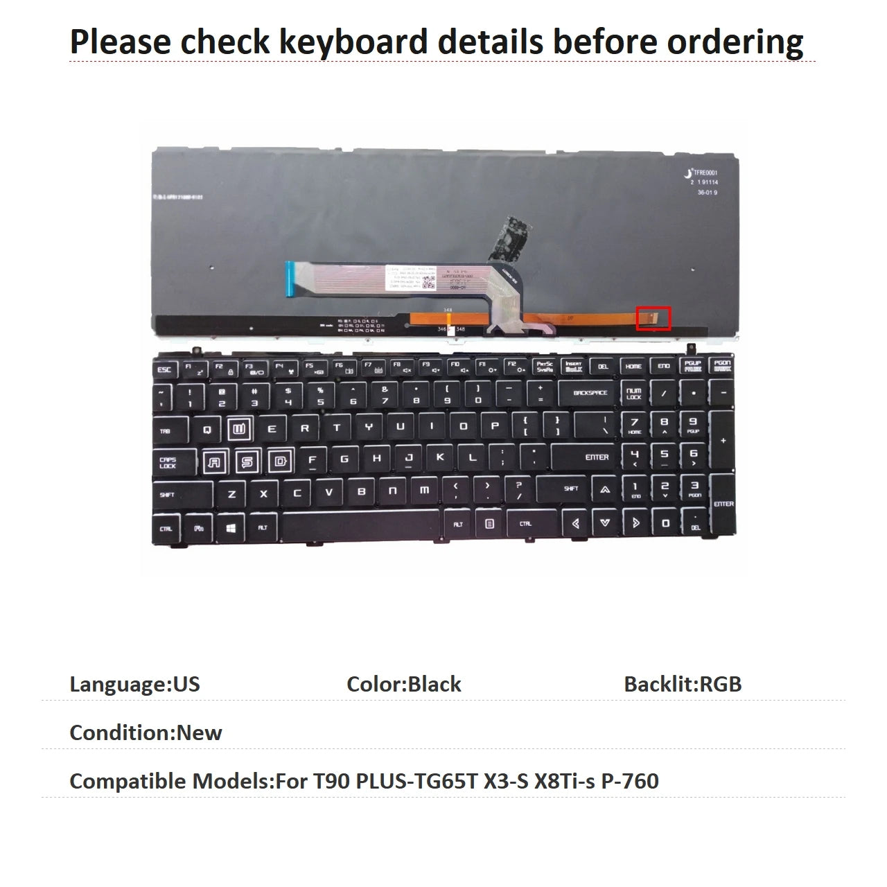 New US Language  RGB Keyboard For Mechanican T90 PLUS-TG65T X3-S X8Ti-s P-760 Notebook PC Replacement Keyboard