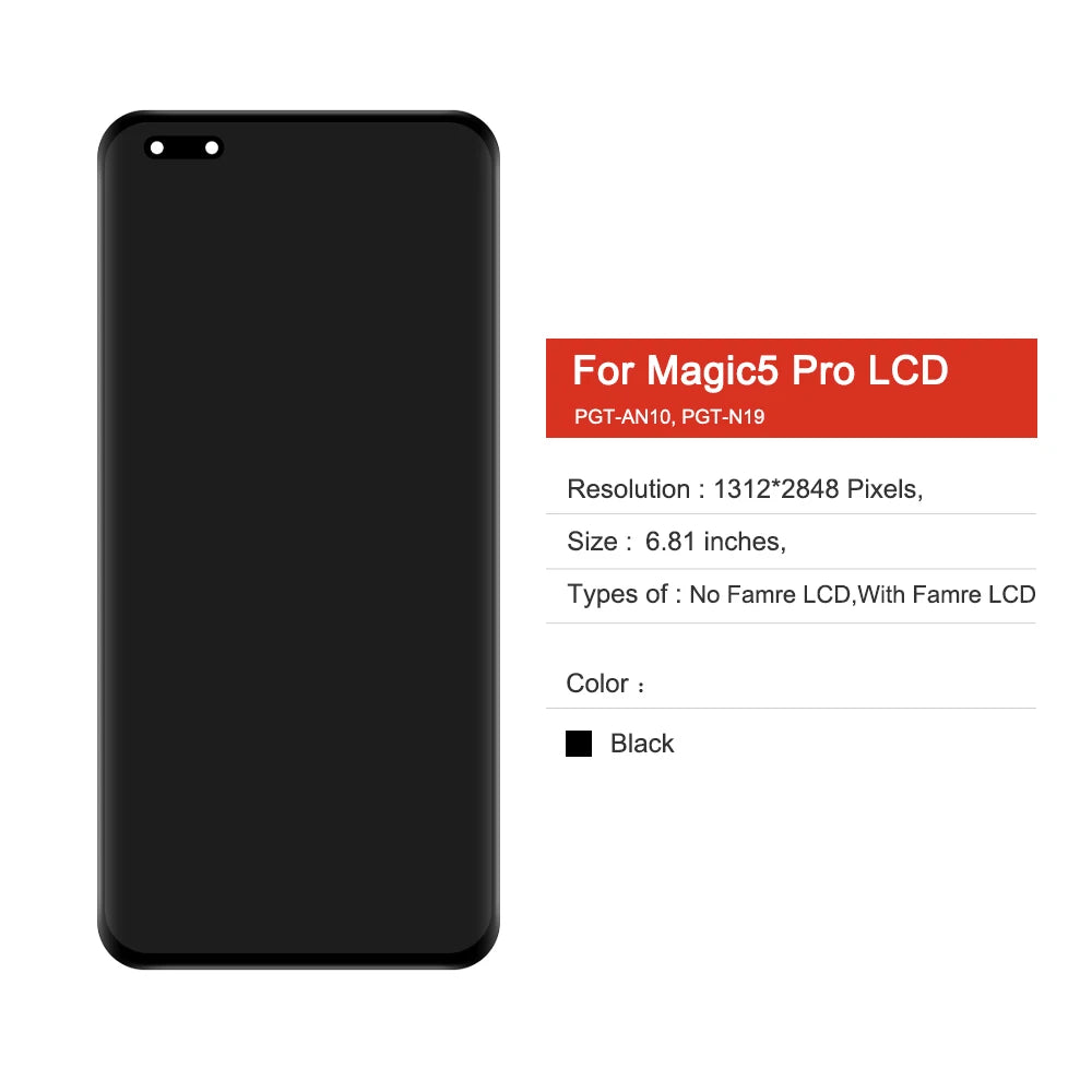 6.81''AMOLED For Honor Magic5 Pro PGT-AN10 LCD Display Touch Screen Digitizer Assembly For Honor Magic 5 Pro 5Pro PGT-N19 Frame Honor phone repair parts