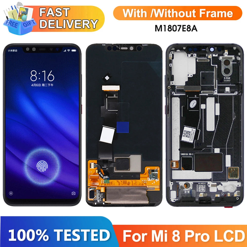 Super Amoled Mi 8 Pro Display Screen, for Xiaomi Mi 8 Pro M1807E8A Lcd Display Digital Touch Screen with Frame Replacement Xiaomi phone repair parts